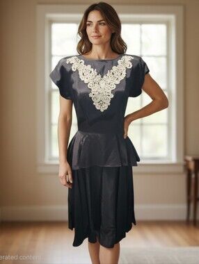Nancy Johnson Black / White Peplum WW2 Inspired Dress With Shoulder Pads Size 6
